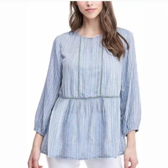 NWT FEVER 3/4 Sleeve Boho Crochet Trim Blouse Boho - Blue - Picture 1 of 4